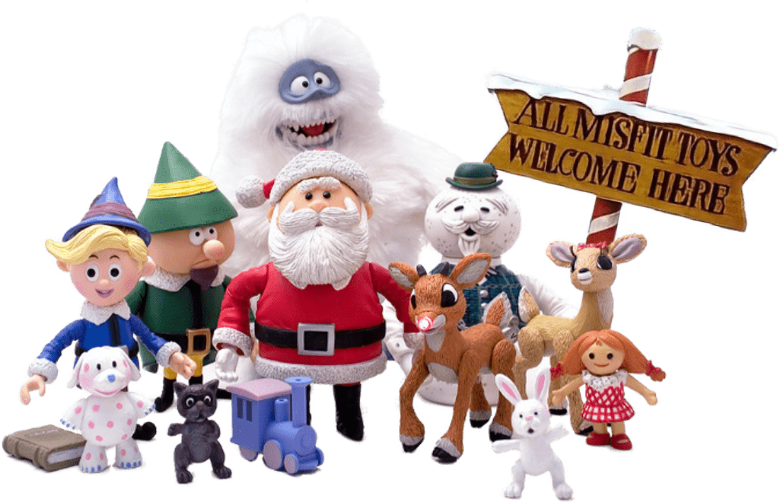 All Misfit Toys Welcome Here sign with a group of misfit toys